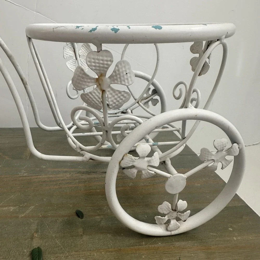 Vintage Metal Tricycle Planter Plant Stand Shabby Chic Rustic White Holds 6